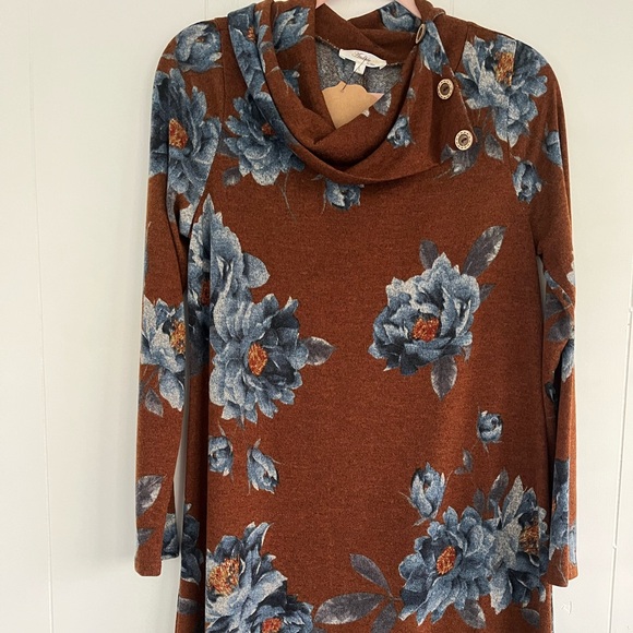 NEW Andree by Unit Brown Sweater Dress Blue Floral Cowl Neck Buttons Size L - Picture 2 of 15